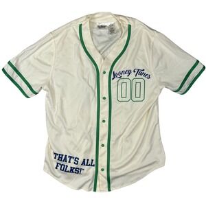 Looney Tunes Baseball Jersey Cream Green Bugs Bunny Daffy Taz Mens Large